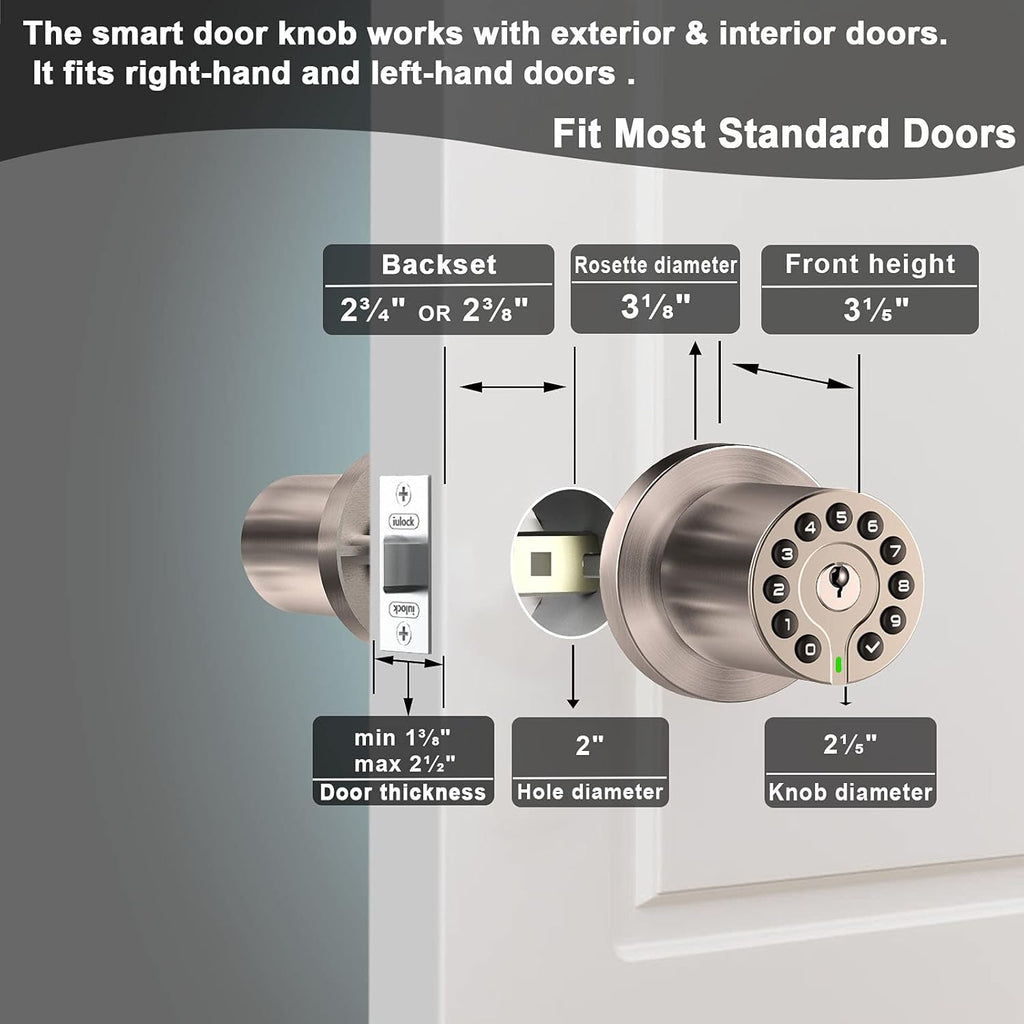 Waterproof Electronic Door Knob with Keypad and Key, Auto Lock, Satin Nickel, 50 Codes, Easy to use and install for Office/Warehouse/Bedroom/Garage