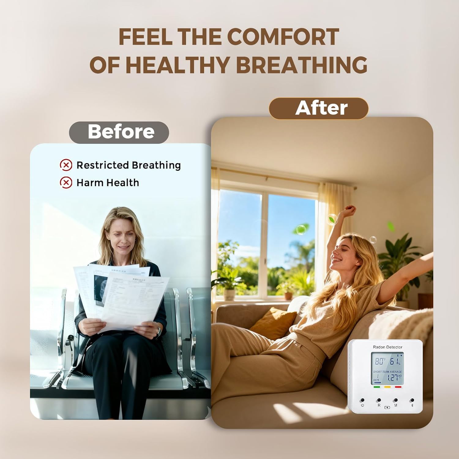 Bluetooth Radon Detector for Home, Portable Radon Tester with Real Time Gas Concentration, Temp & Humidity Monitoring, App Alerts, Detect Hidden Risks and Breathe with Confidence