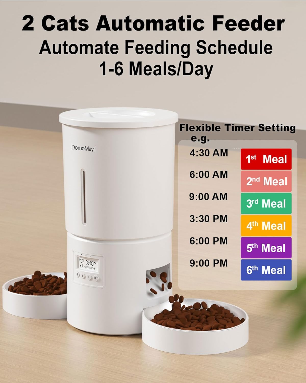 Automatic Cat Feeder for 2 Cats,Dual Bowl Dry Food Dispenser with Portion Control & 10s Voice Recorder,Timed Feeding,Dual Power,Quiet Operation(White, ABS Dual Bowls)