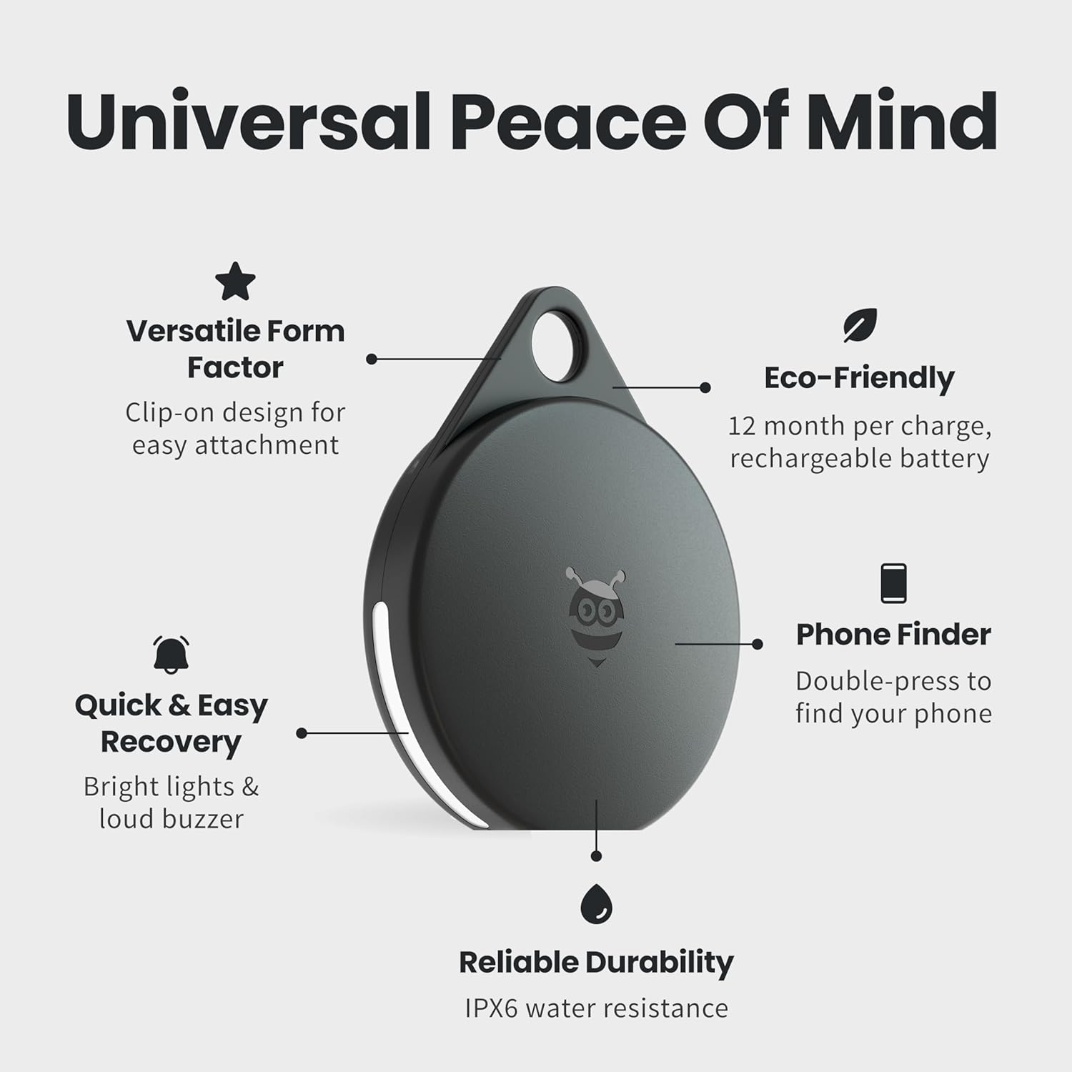 Pebblebee Clip Universal (2024) - Rechargeable Mini Item Tracker Tag | Alternative to Air Tag & Android Trackers | 12-Month Battery Life | Works with Android & iOS Find My Apps | LED & Sound Alerts