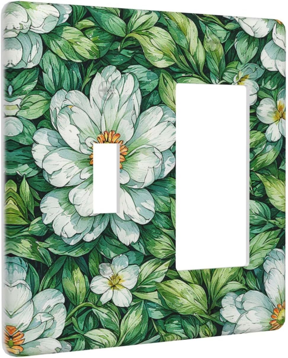 Vintage Floral White Flowers Green Plants Leaves Outlet Covers 1 Toggle 1 Rocker Combination Light Switch Cover Plate Decorative Wall Plate Electrical Switch Plates for Bedroom Bathroom