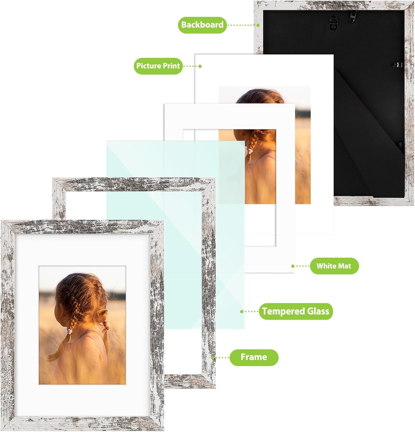 Golden State Art, 9x12 Picture Frame with Mat for 6x8 - High Definition Glass Wall Mounting Horizontal Vertical Display (Weathered White, 1 Pack)