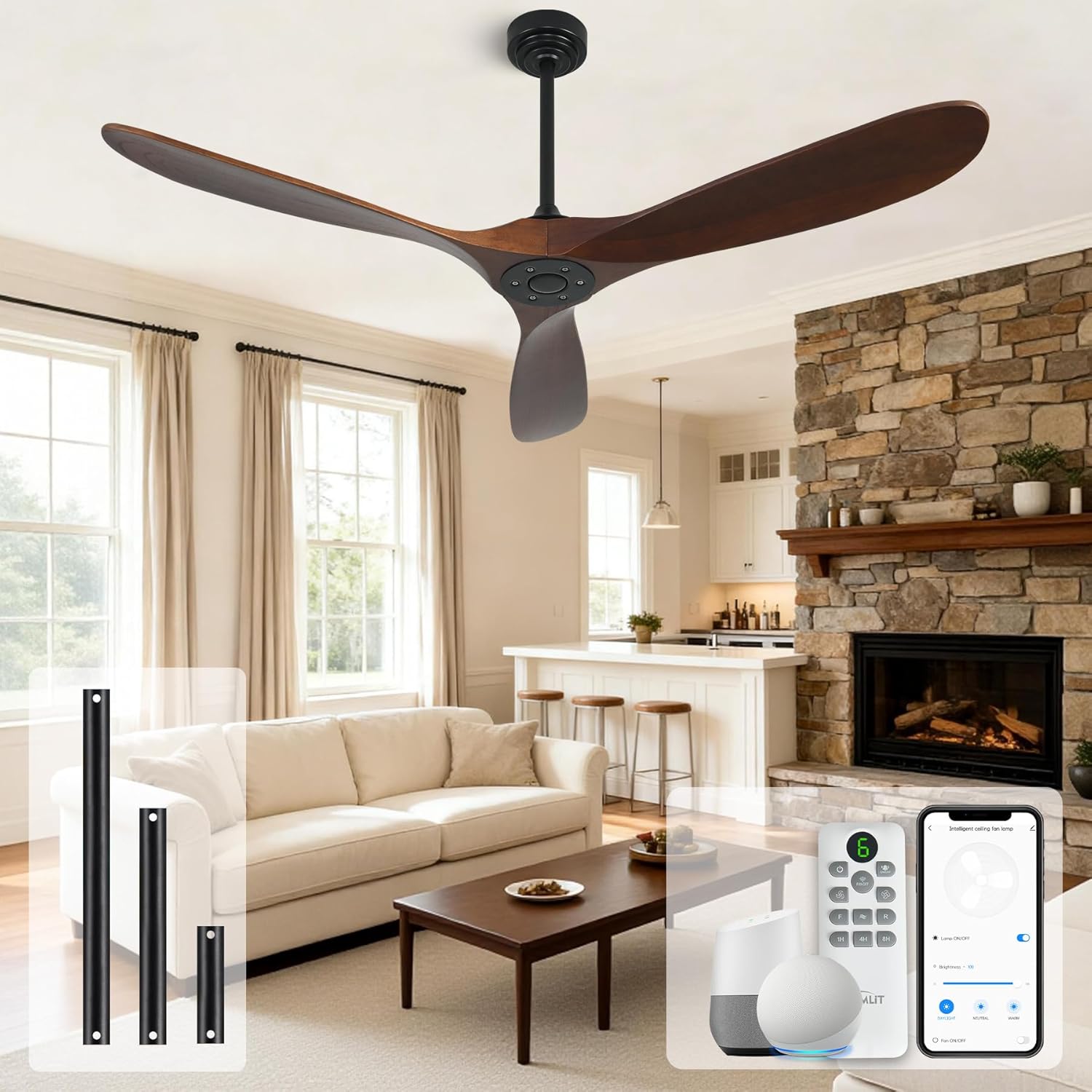 Outdoor Ceiling Fan Without Light, 60 Inch Smart Ceiling Fan with Remote & Voice Control for Alexa/Google, 3-Blade Wood Fan, Quiet DC Motor, 6 Speeds for Patio, Porch, Farmhouse, Dark Walnut