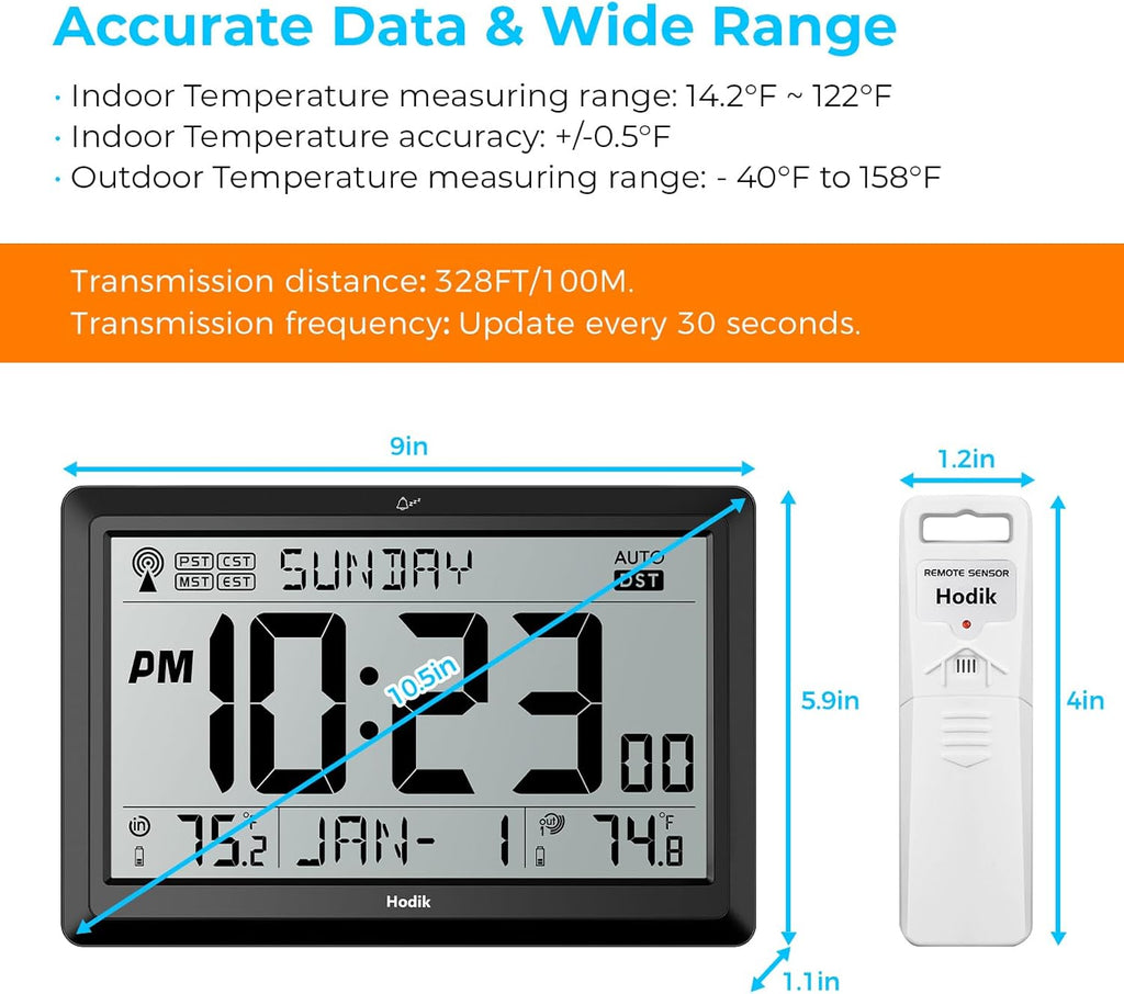 Wall Clock Atomic with Indoor Outdoor Temperature Battery Powered, Easy Reading with 10.5 Inch Large LCD Display, 330FT Range Table Wall Clock with DST, 12/24 Hour for Living Room Kitchen (Black)