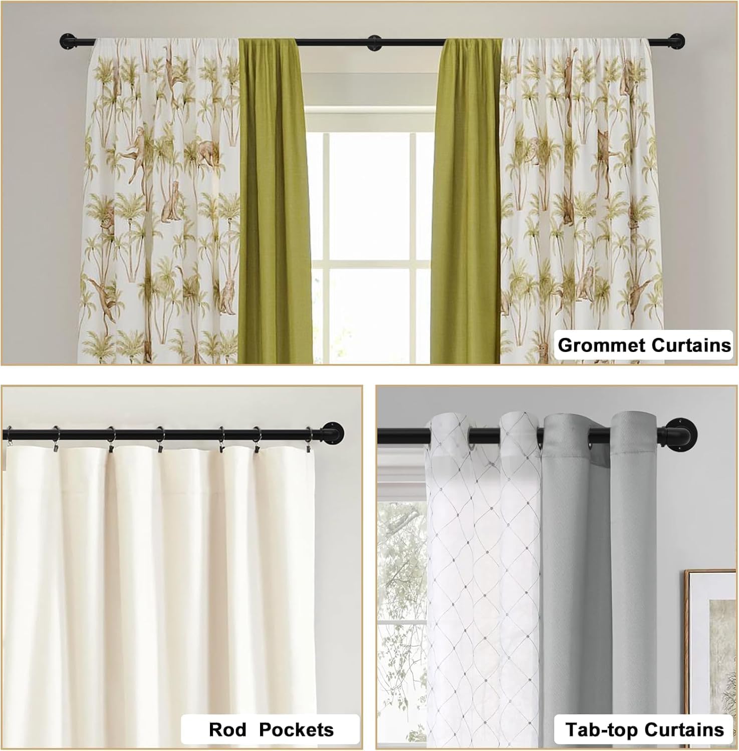Black Curtain Rods 18 to 144 Inch, Industrial Curtain Rods,Adjustable Length,1 in Diameter Pipe,Wall or Ceiling Mounted,for Bedroom and Living Room(Black 18” to 144”)