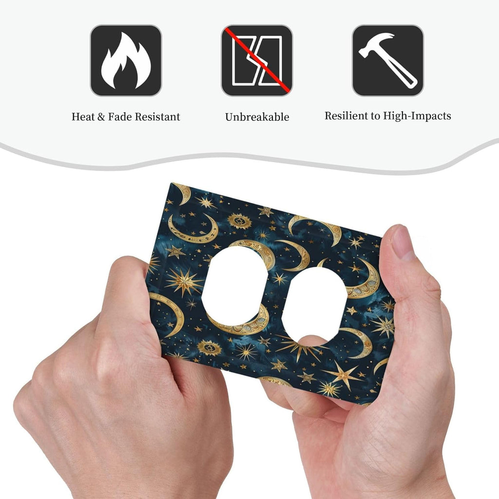 Outlet Covers Modern Abstract Sky Blue Gold Moon Sun Star 1 Gang Duplex Wall Plate Decorative Switch Plates Electrical Receptacle Faceplate Light Switch Cover for Bedroom Kids room Decor