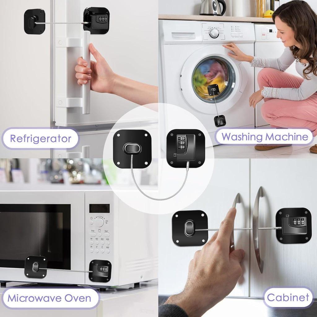 4PCS Fridge Lock Combination, Self-Adhesive Refrigerator Locks Freezer Door for Adults with Password (Black) (Square)