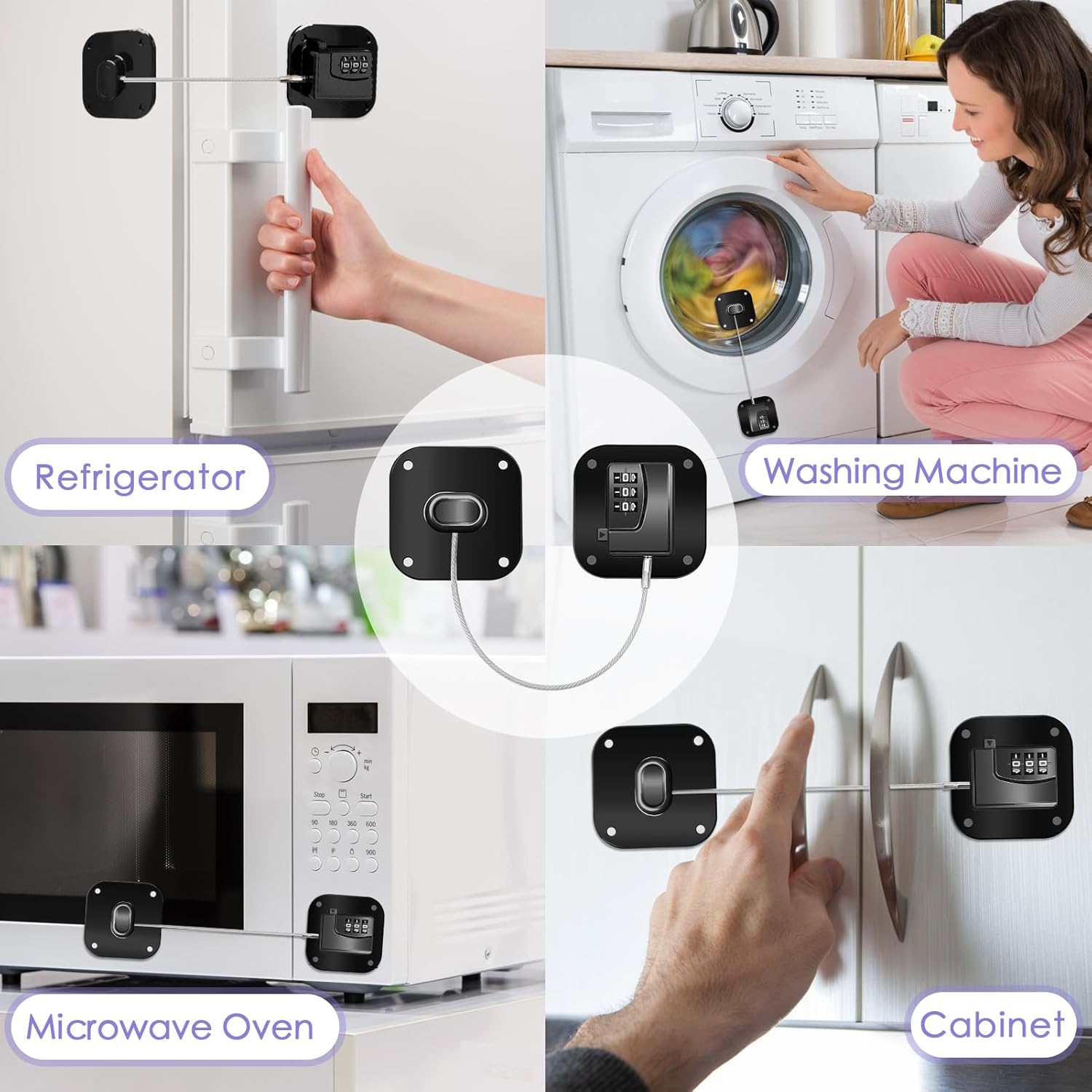 4PCS Fridge Lock Combination, Self-Adhesive Refrigerator Locks Freezer Door for Adults with Password (Black) (Square)