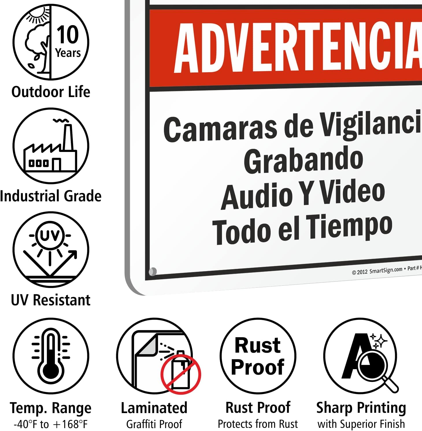 SmartSign 18 x 12 inch “Warning - Audio & Video Surveillance On Duty At All Times” Bilingual Sign, Digitally Printed, 55 mil HDPE Plastic, Red, Black and White, Made in USA