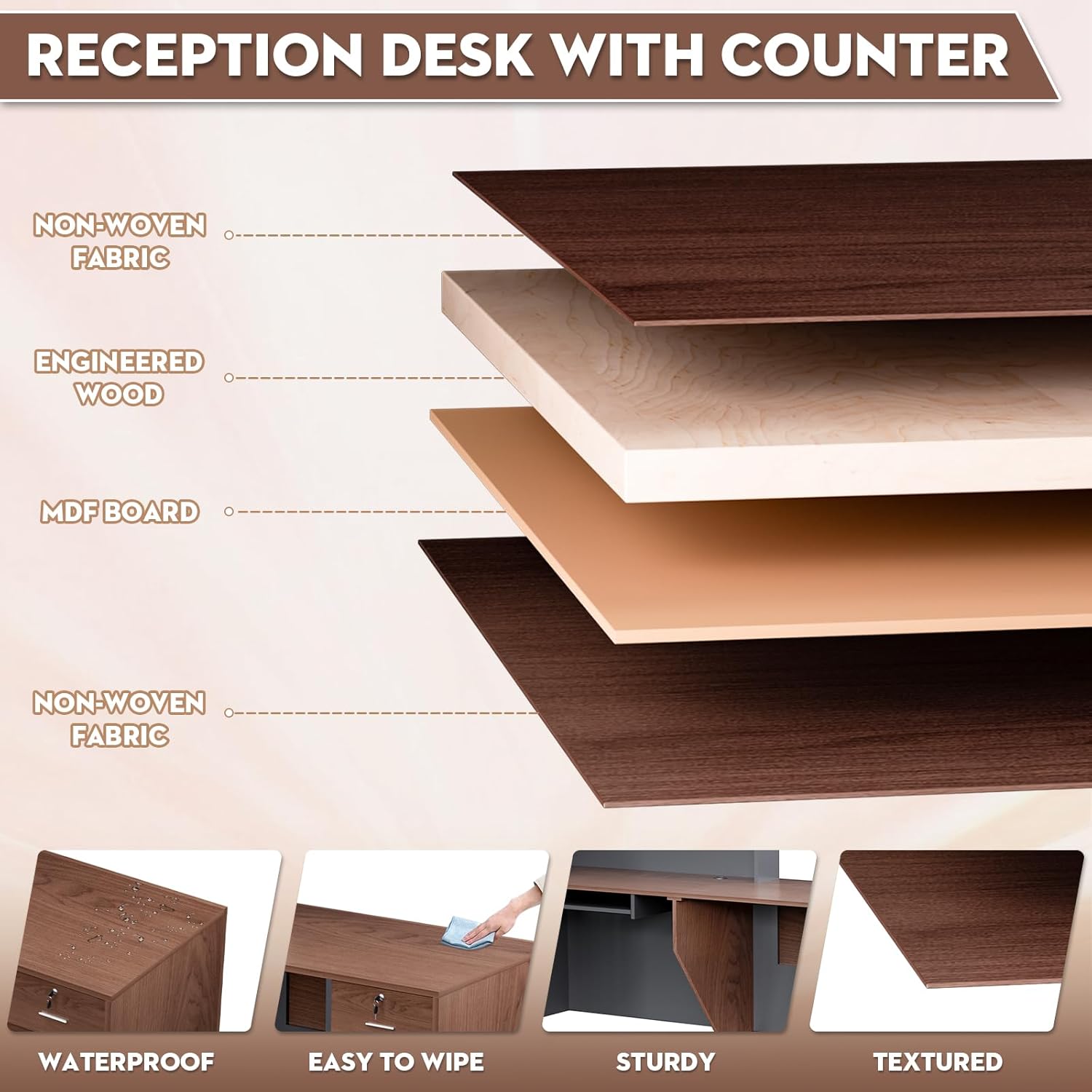 L-Shaped Modern Reception Desk with Counter & Storage - 84" Large Office Front Desk, Salon Checkout Counter with Lockable Cabinets, Shelves (Brown & Black, Left - 84''L x 34''W x 41''H)