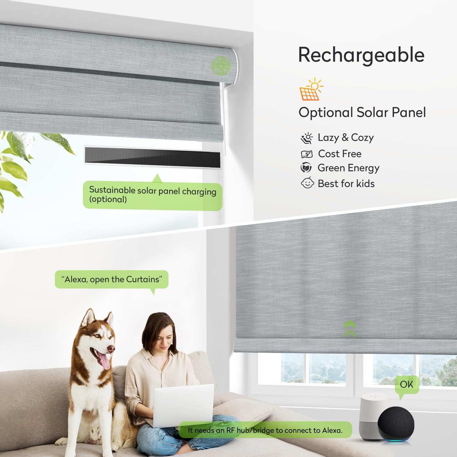 ZSTARR Motorized Light Filtering Roller Blinds with Remote Control,Rechargeable Smart Window Shades Compatible with Alexa Google via Hub,Fabric Wrapped Valance, Custom Size (Light Smoke Gray)