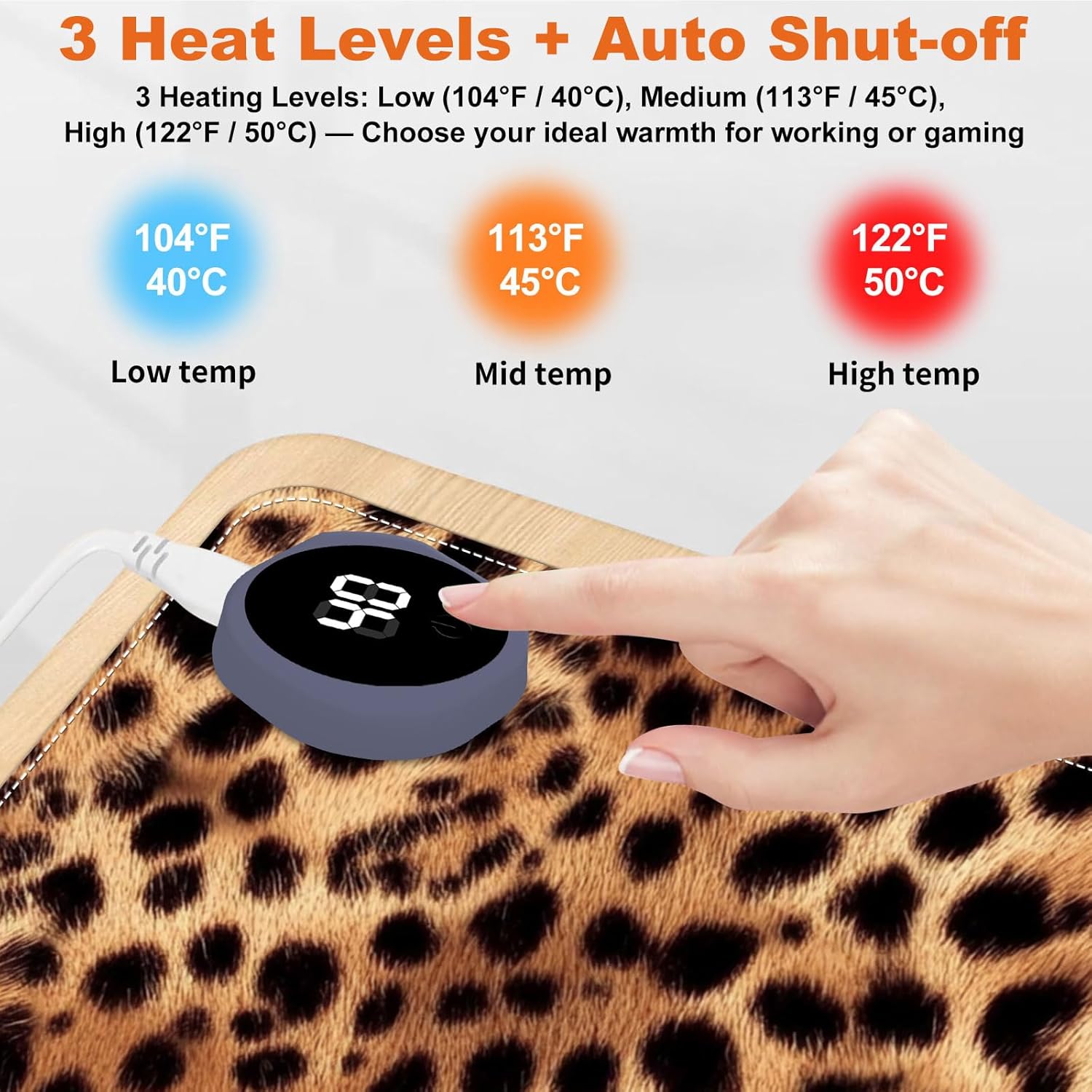 Small Heated Desk Pad 23.6" x 14.2" – Compact Electric Mouse Pad with 3 Heating Levels, Auto Shut-Off, Waterproof PU Surface, Plug-in Warmer for Office or Home Use, Leopard Print