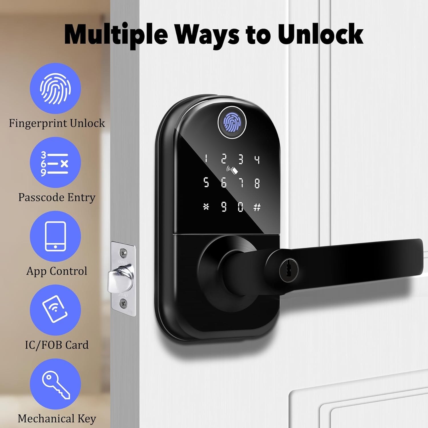 Fingerprint Smart Door Lock with Handle, Keyless Entry Door Knob with Digital Keypad, Electric Deadbolt Remote App Access & Doorbell, Digital Lock for Home, Office Matte Black