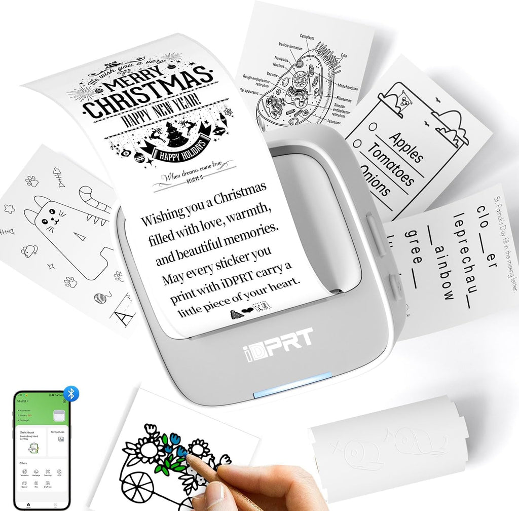 iDPRT S1 Portable Sticker Printer, Mini Thermal Printer with 1 Roll Paper, Bluetooth Inkless Printpods, Pocket Label Maker Suitable for Study Notes, Graphics, Students, Kids Gift, Free App, Grey