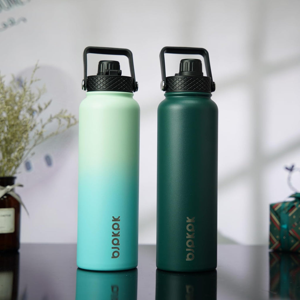 BJPKPK 2 Pack Insulated Water Bottles with Straw Lids, 40ozStainless Steel Metal Water Bottle with 6 Lids, Leak Proof BPA Free Jugs, Cups, Flasks for Travel, Sports (Army Green+Mint)