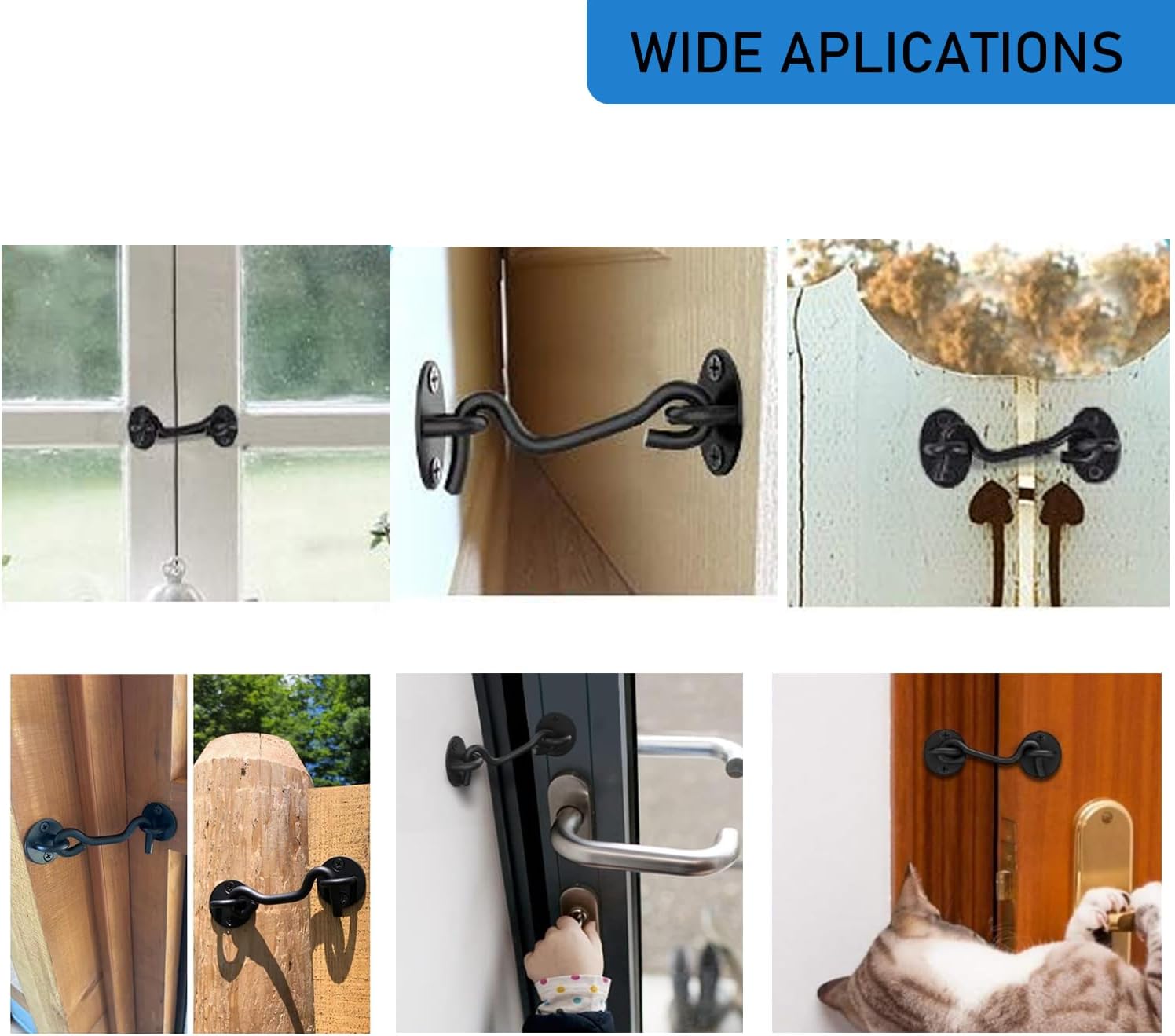 4 Pack 6" Hook and Eye Gate Latch, Stainless Steel Rust-Resistant Barn Door Lock Cabin Hooks for Gate Shutters Window Slide Barn Shed Cabinet Bathroom, with 16pcs Screw,Black