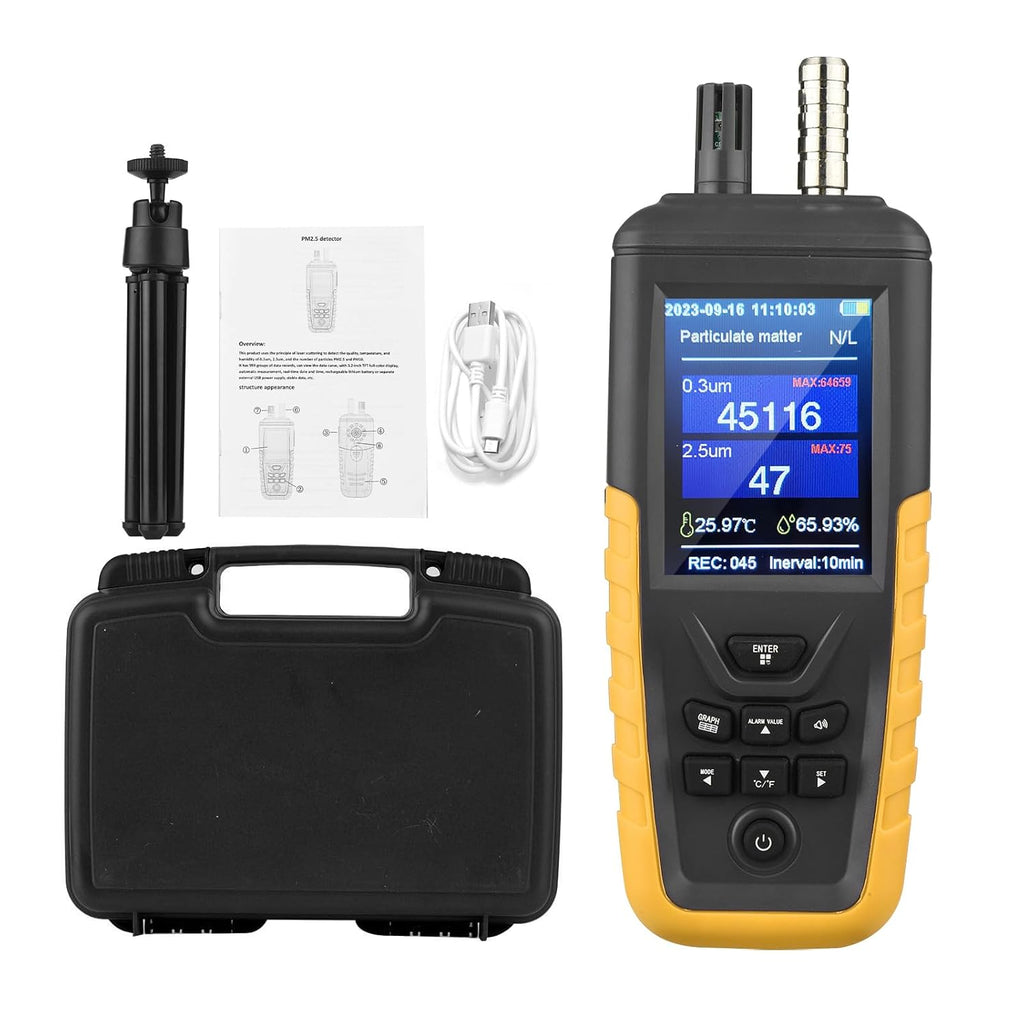 Air Quality Monitor Dust Particle Counter,High Sensitivity 3-Channel PM0.3/2.5/10 um Temperature and Humidity Monitor/USB Recharge Data Transfer/Storge Pollution Monitor