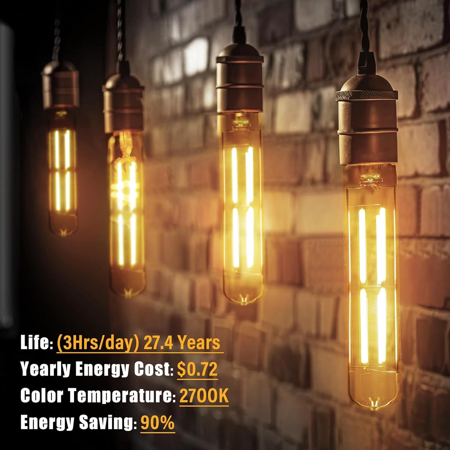 8.9IN LED Light Bulbs E26 Base, 6W 800LM 2700K Soft White T10 T9 Vintage Edison Bulbs Dimmable, AC 120V Equal 80 Watt Clear Glass Long Tubular Filament Bulb, UL Listed - 2Pack