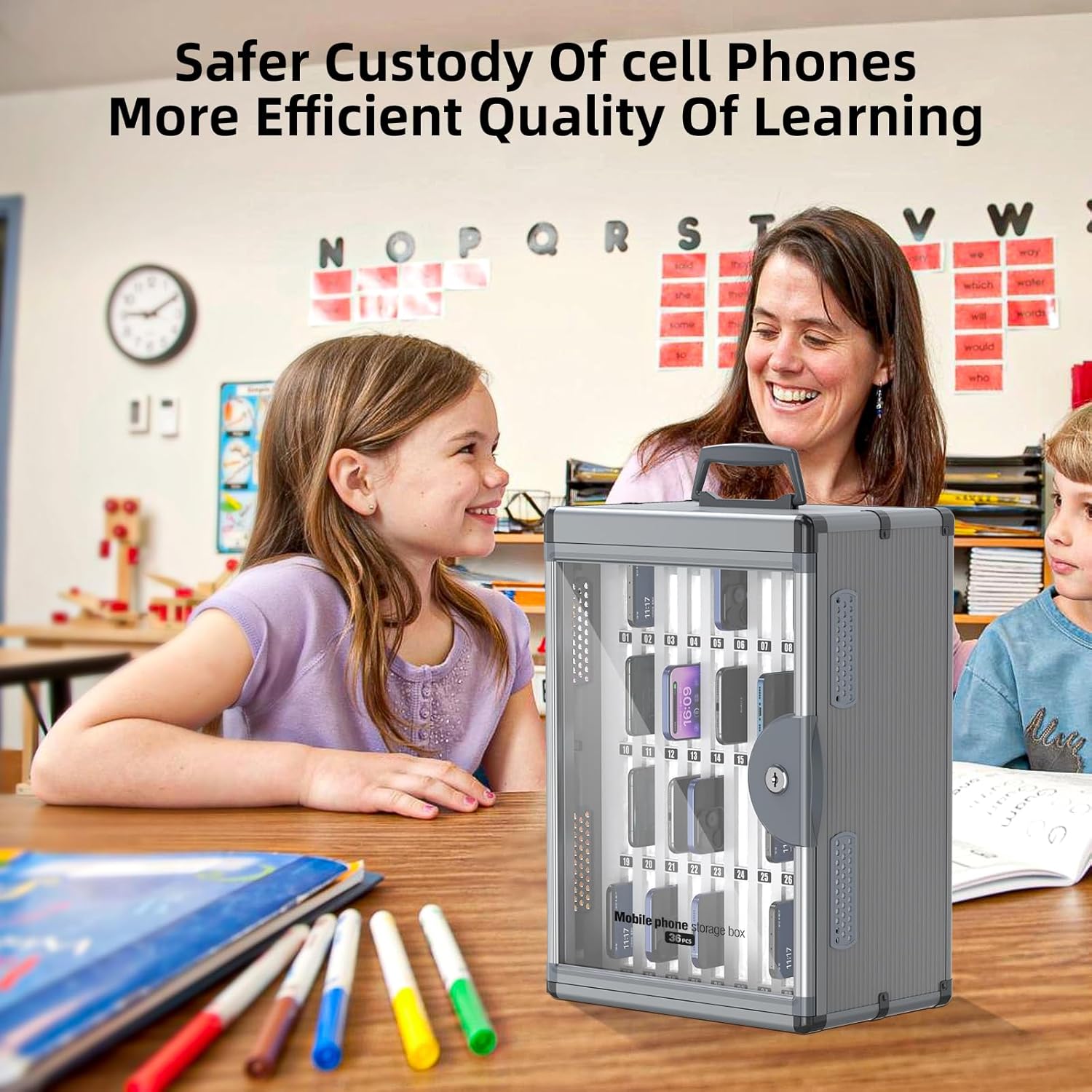 Glosen 36 Slots Cell Phone Locker, Portable Phone Storage Cabinet [Wall Mounted] [Aluminum Alloy] Cellphone Lock Box with Key & Handle for School Classroom Office Exam (Black)