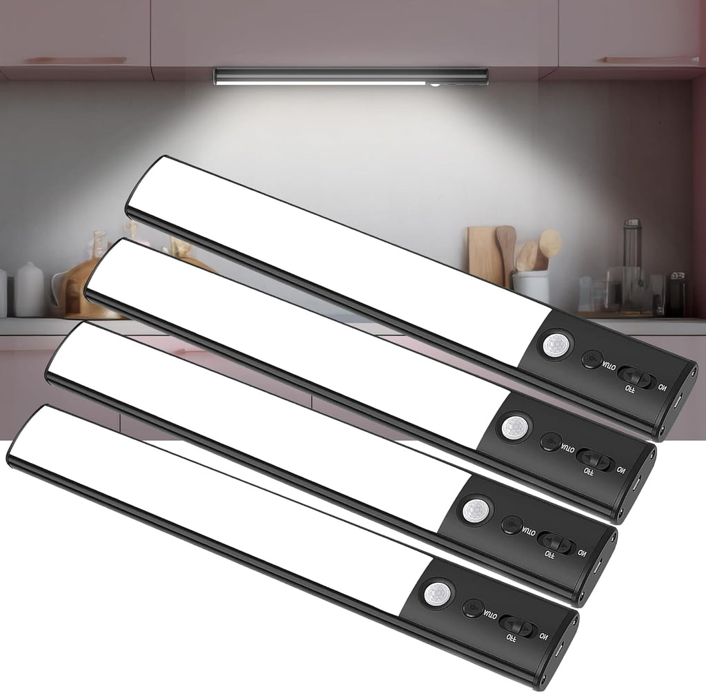 Motion Sensor Cabinet Light 4 Pack- 4200 mAh Battery Operated Rechargeable Closet Lights - Extra-Bright Under Cabinet Lights - Wireless Indoor LED Light Strip - Motion Activated Lighting