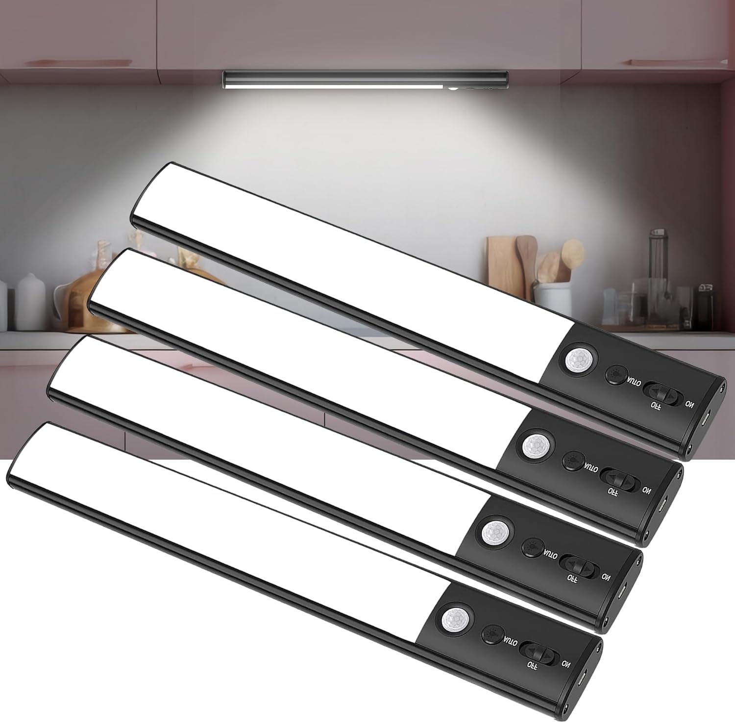 Motion Sensor Cabinet Light 4 Pack- 4200 mAh Battery Operated Rechargeable Closet Lights - Extra-Bright Under Cabinet Lights - Wireless Indoor LED Light Strip - Motion Activated Lighting