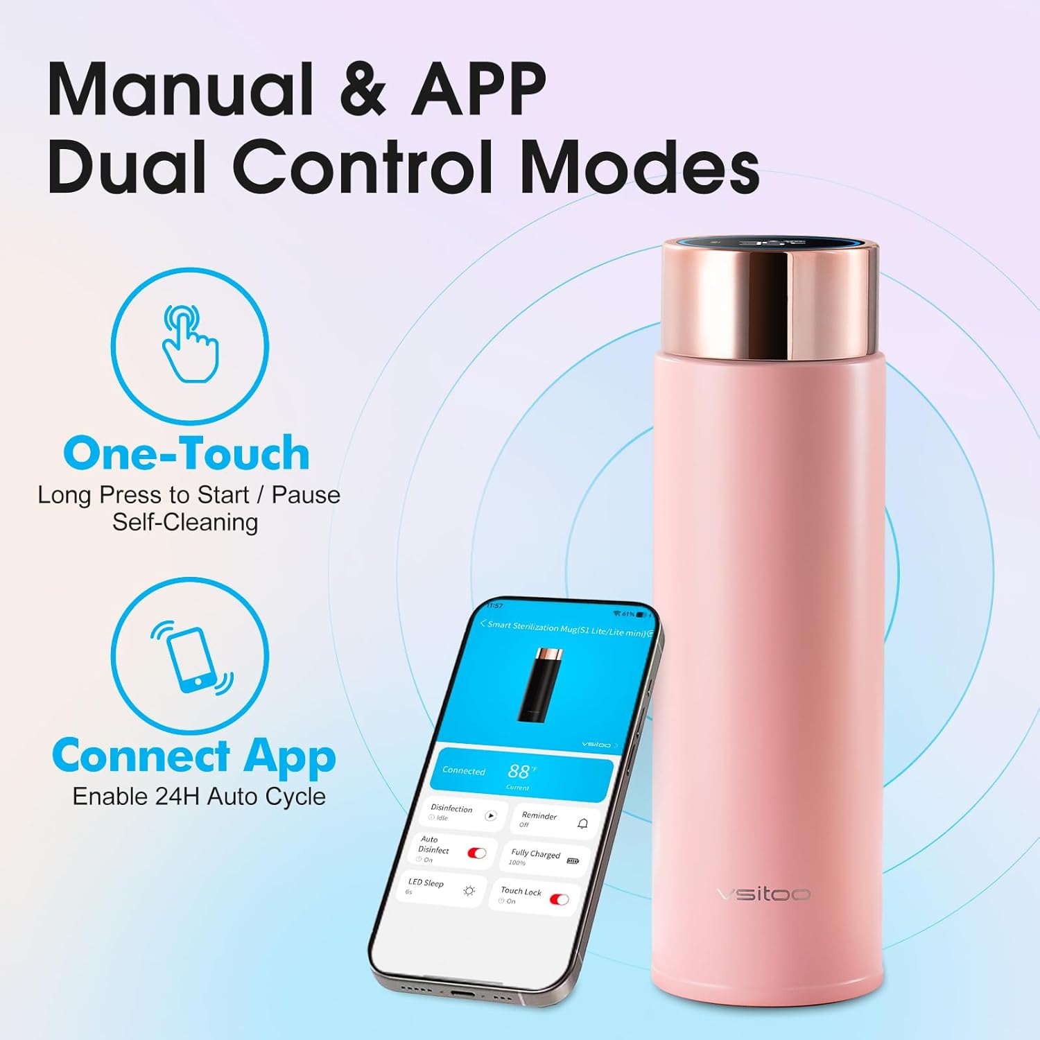 Vsitoo Smart self cleaning Insulated Water Bottle, 15oz Stainless Steel Vacuum Flask, AI Self-Clean, 30-Day Battery Life, BPA-Free, Magnetic Charging, Portable Travel Mug Gifts for Men Women, Pink