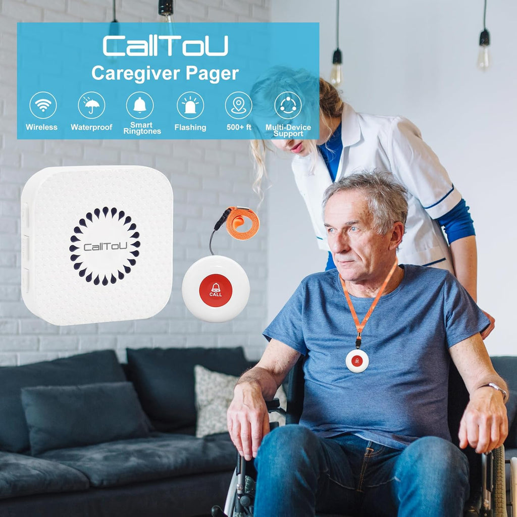 CallToU Caregiver Pager Call Button Elderly Wireless Call Button Vibration Pager Nurse Calling Alert System for Home Elderly Disabled Patient 2 Transmitters 1 Plug-in Receiver
