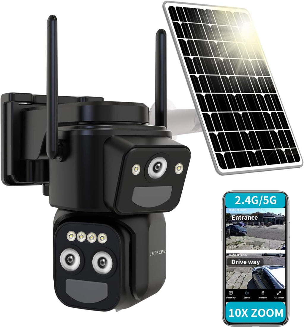 Security Cameras Wirelss Outdoor Solar Powered for Home Security, 360 View Outside Camera,Motion Detection,10x Hybrid Zoom PAN Tile,i IP-65 Weather Proof (3 Lens Hybrid Zoom)