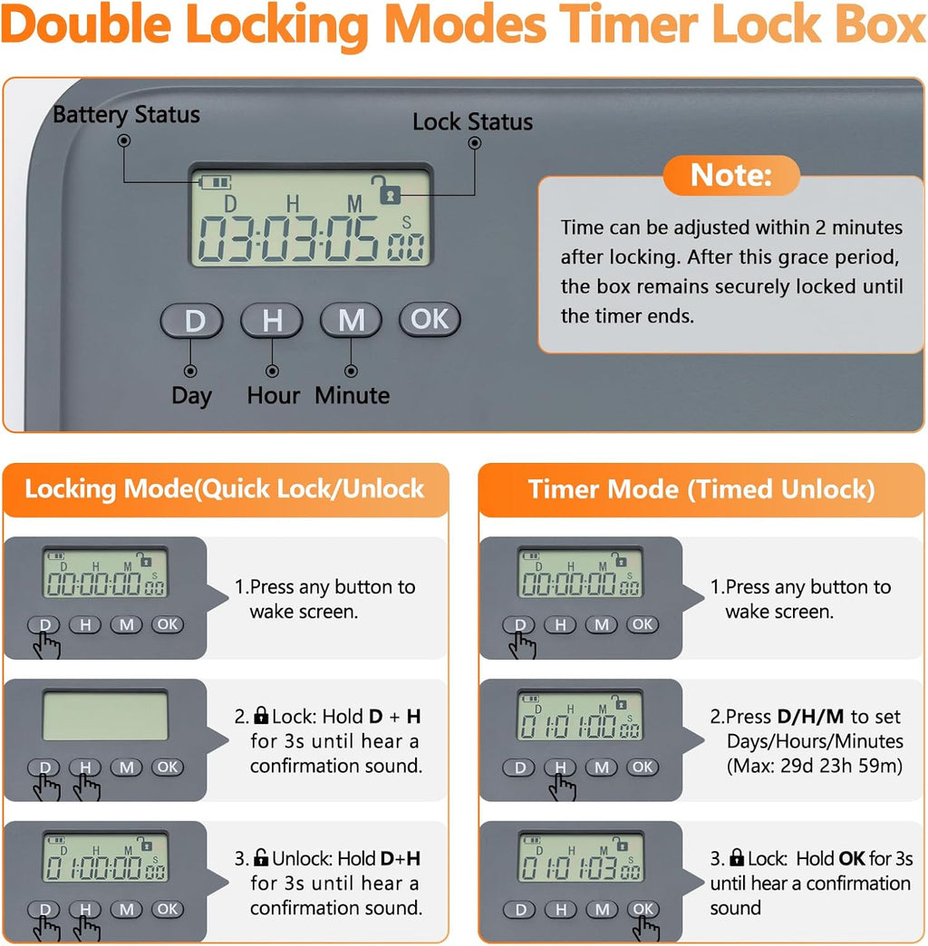 Timed Lock Box for Phone & Snacks | 2-in-1 Smart Lock with Digital Timer & Quick Access | BPA-Free Refrigerator Safe Container for Medicine,Electronics (5.5x5.5x6.3in) Gray
