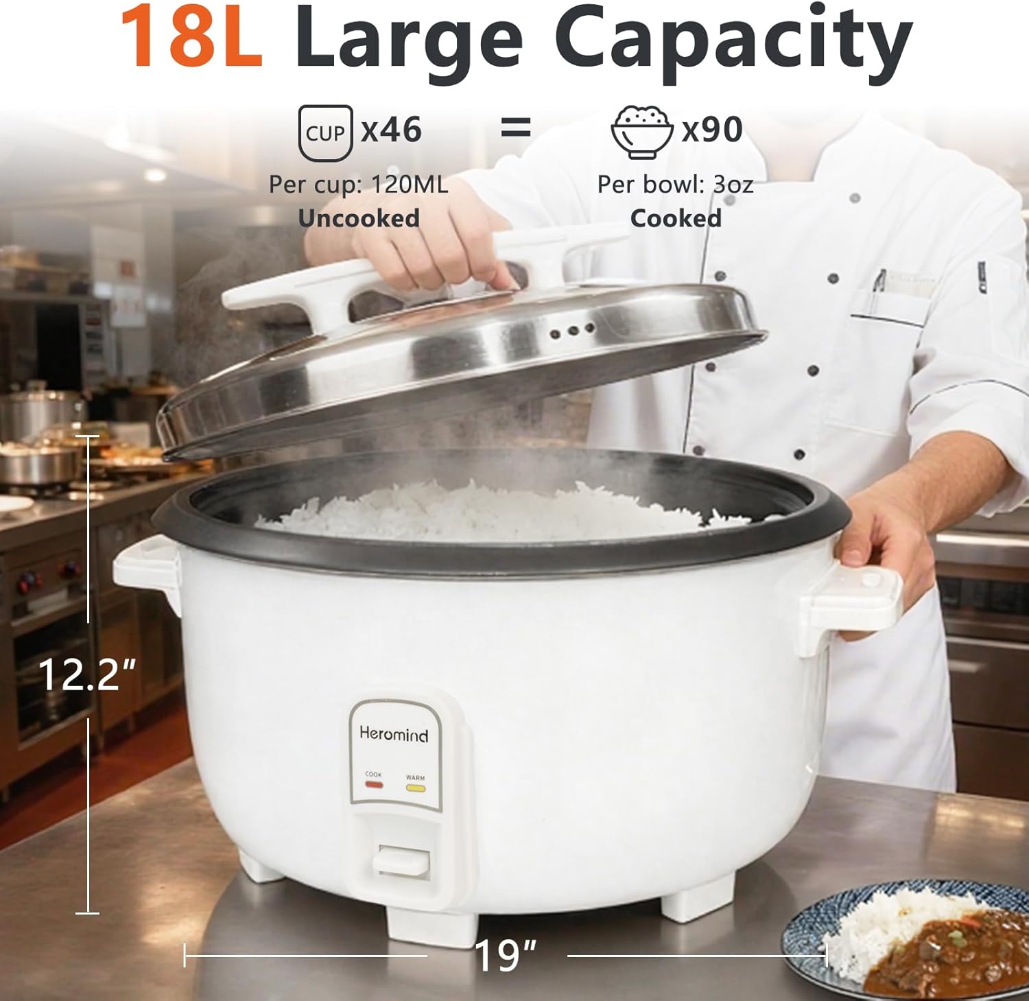 Commercial Rice Cooker, 90-Cup Rice Cooker, 16Qt / 18 L Large Rice Cooker with Nonstick Inner Pot, Fast Cooking and Auto Keep Warm, with Rice Cup and Paddle, Easy to Clean, 1950W