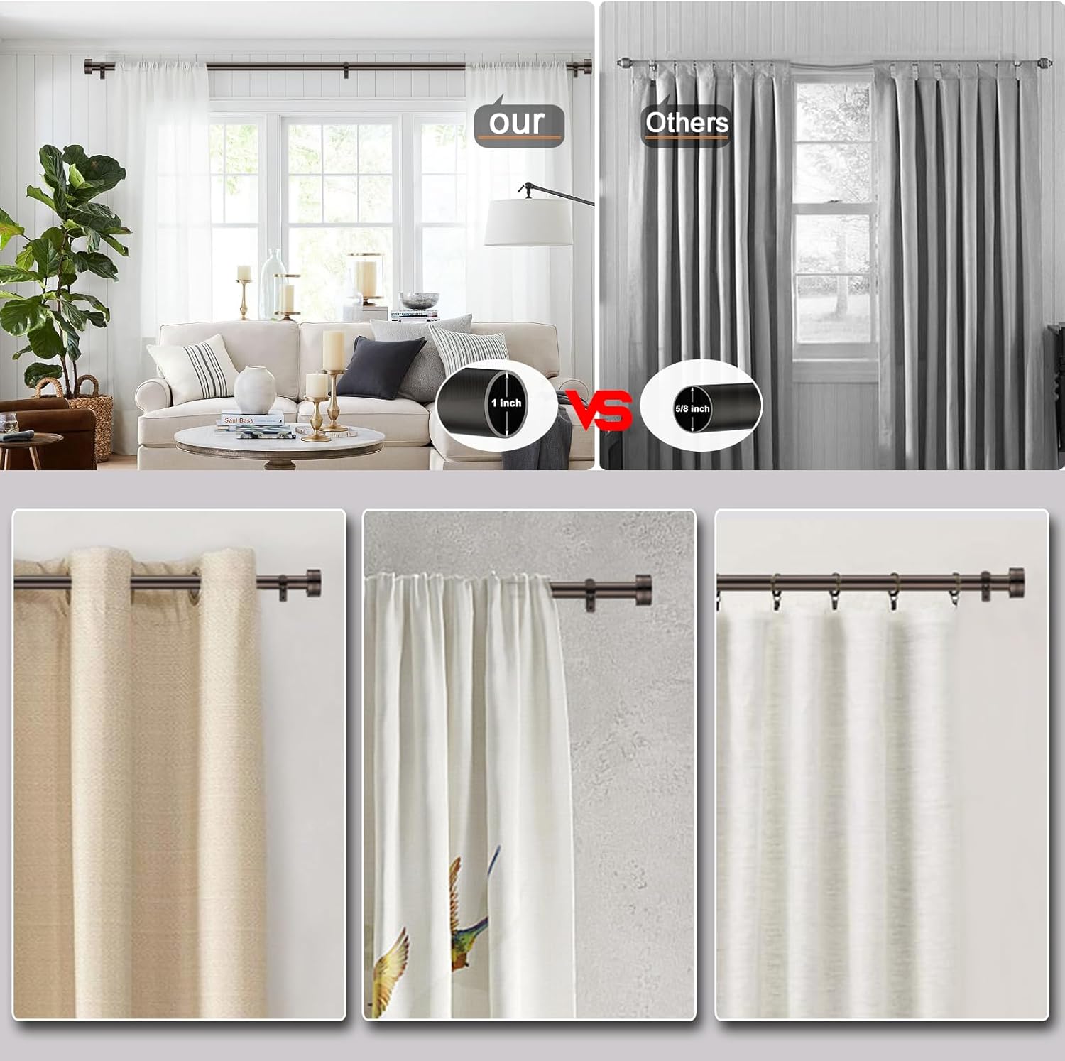 Adjustable Curtain Rods-18 to 45 Inches,1 Inch Modern Metal Drapery Rods, Adjustable Heavy Duty Curtain Pole with Simple End Caps