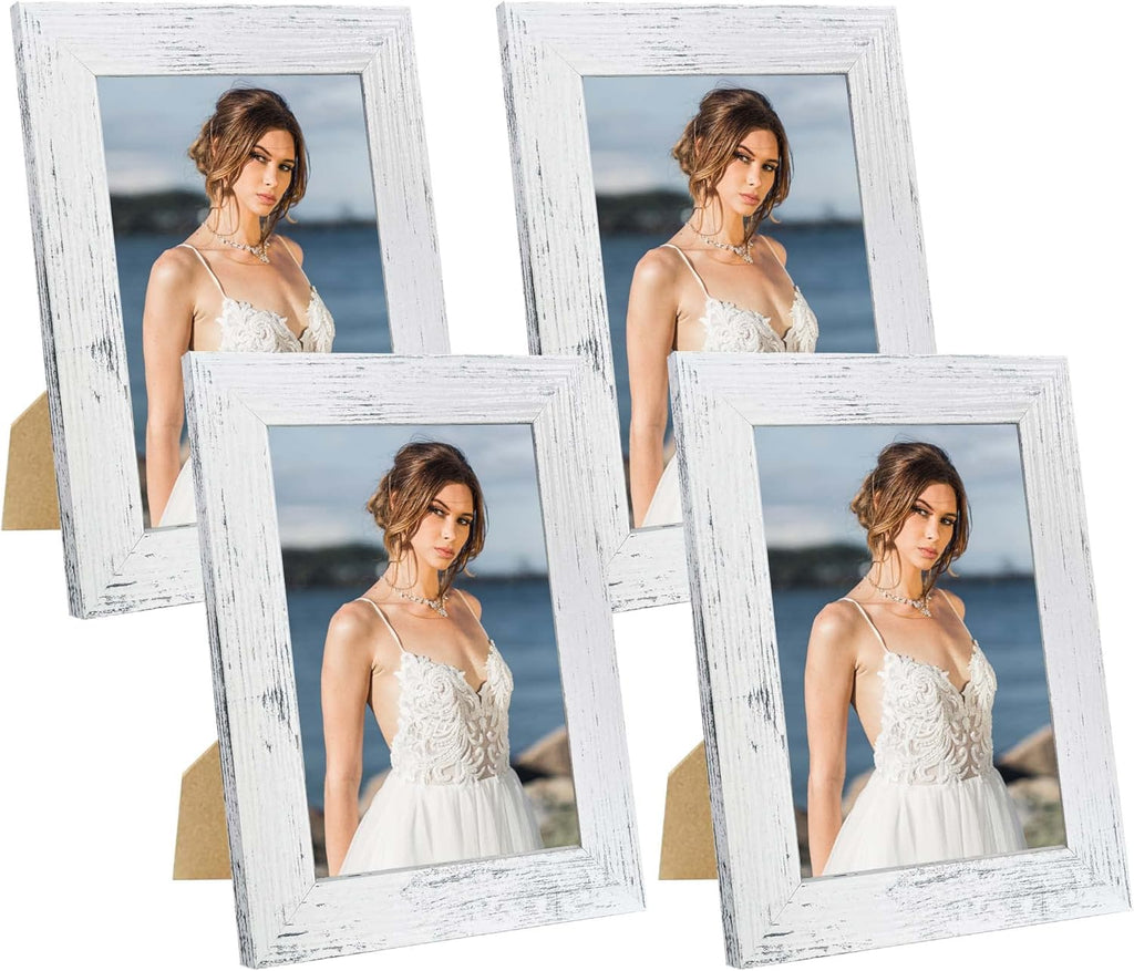 iRahmen 5x7 Picture Frame Set of 4, High Definition Glass Distressed White Frame, 5 x 7 Wood Photo Frames for Tabletop Display and Wall Mounting