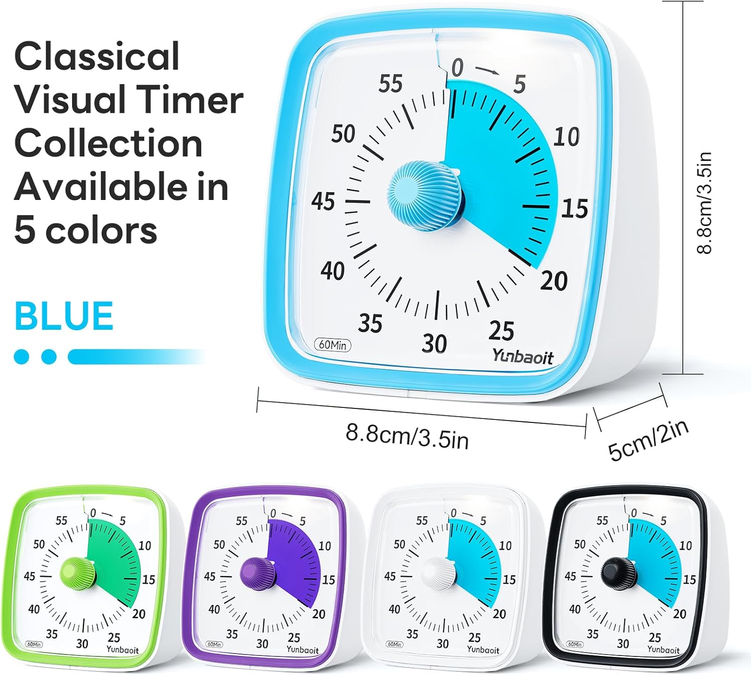 Yunbaoit Visual Timer with Night Light, 60-Minute Countdown Timer for Kids and Adults, Silent Classroom Timer, Time Management Tool for Home, School, or Work (Light Blue)