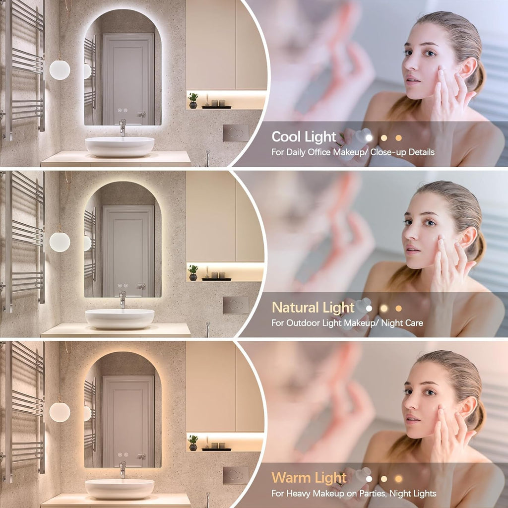 Niccy Arched LED Bathroom Mirror, 48x30 Inch Arch Frameless Backlit Mirrors for Wall Arched Lighted Vanity Mirrors Defogger and 3 Color, Explosion-Proof, HD Glass and IP65 Waterproof