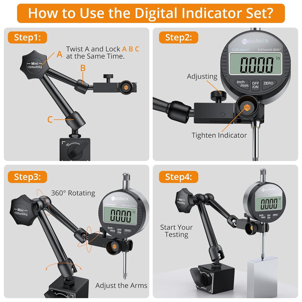 Neoteck 0-1”/0.0005" Digital Dial Indicator Gauge and 132 lbs (60kg) Max Pull Magnetic Base,Digital Dial Indicator Set with Inch/Metric Conversion for 3D Printer and CNC Machine-Black