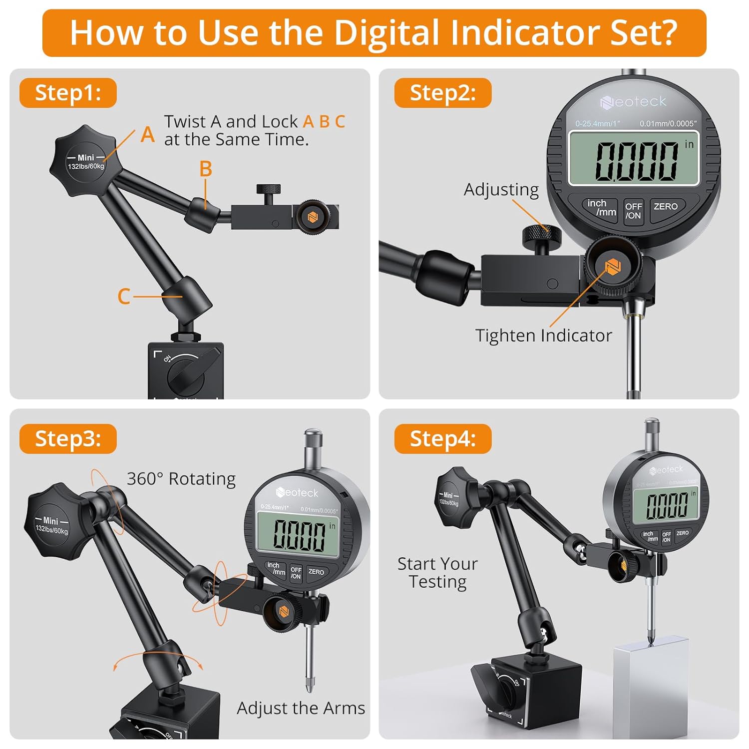 Neoteck 0-1”/0.0005" Digital Dial Indicator Gauge and 132 lbs (60kg) Max Pull Magnetic Base,Digital Dial Indicator Set with Inch/Metric Conversion for 3D Printer and CNC Machine-Black