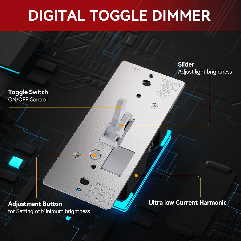 AIDA Toggle Slide Dimmer Switch for Dimmable LED Light/CFL/Incandescent 600 Watt max, Single-Pole or 3-Way, Rocker On/Off Wall Switch with Dimmer Slider, Wall Plate NOT Included, UL, White, 4 Pack