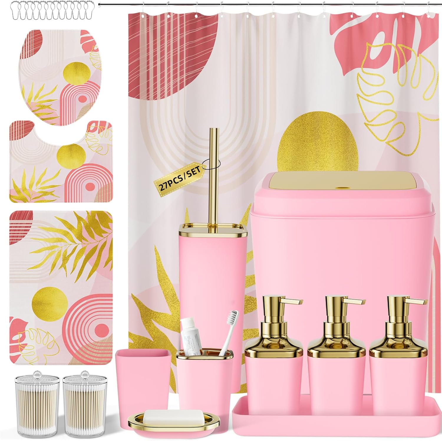 Bathroom Set - Bathroom Sets with Shower Curtain and Rugs, Bathroom Accessory Set, Pink Bathroom Accessories Set with Trash Can, Toilet Brush and Soap Dispensers