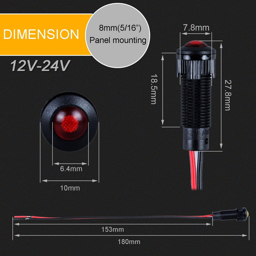 5pcs 8mm LED Indicator Light Plastic Black Signal Dot Lamp 12V-24V 5/16" Mounting Hole Size with 15cm/5.9in. Wire (Mix:Red White Yellow Blue Green)