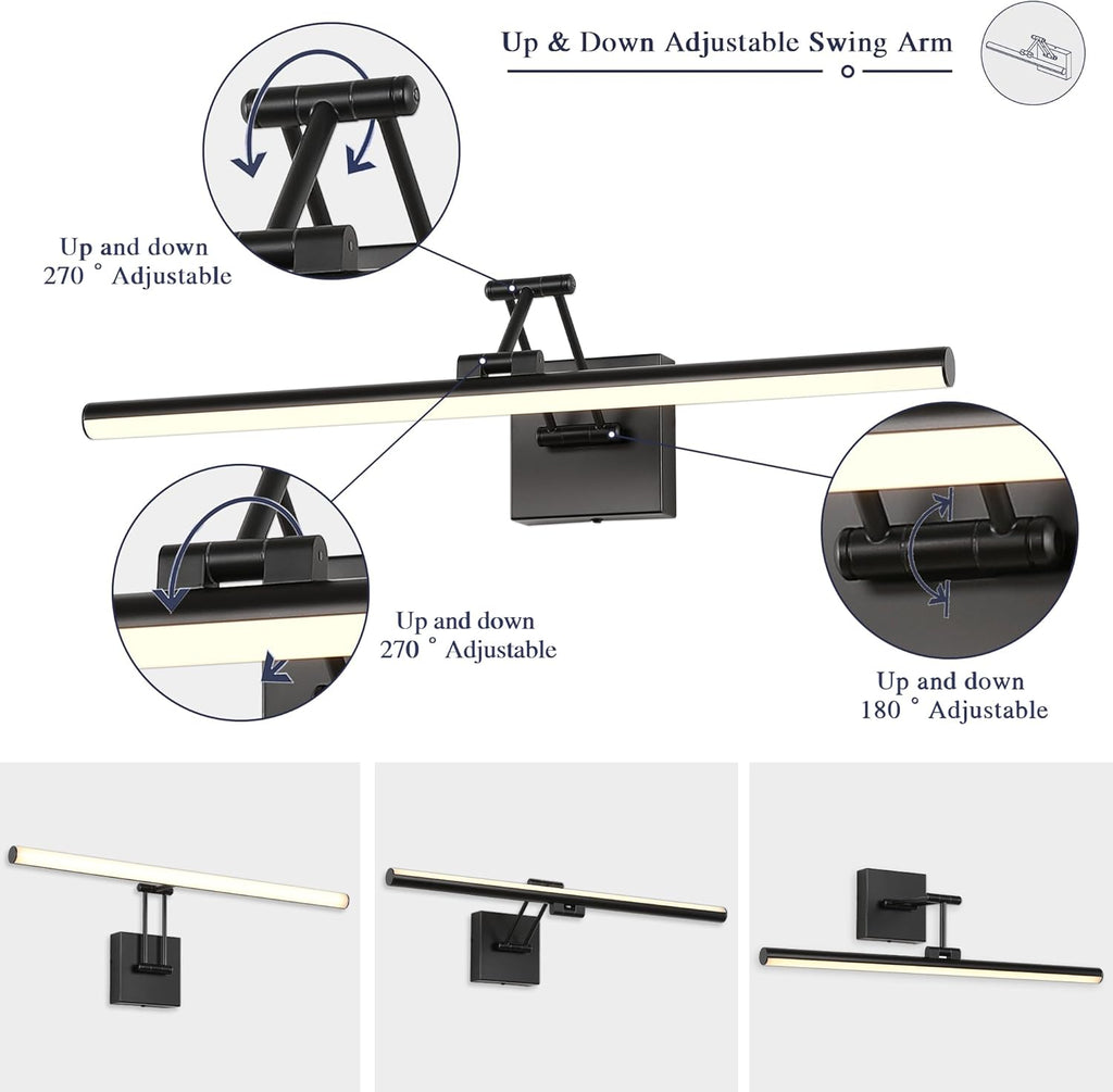 Joossnwell Picture Light for Painting Black Art Light Hard-Wired Picture Frame Light 23.62 Inch Dimmable Gallery Wall Light with Adjustable Swing Arm for Painting Library Museum Warm White
