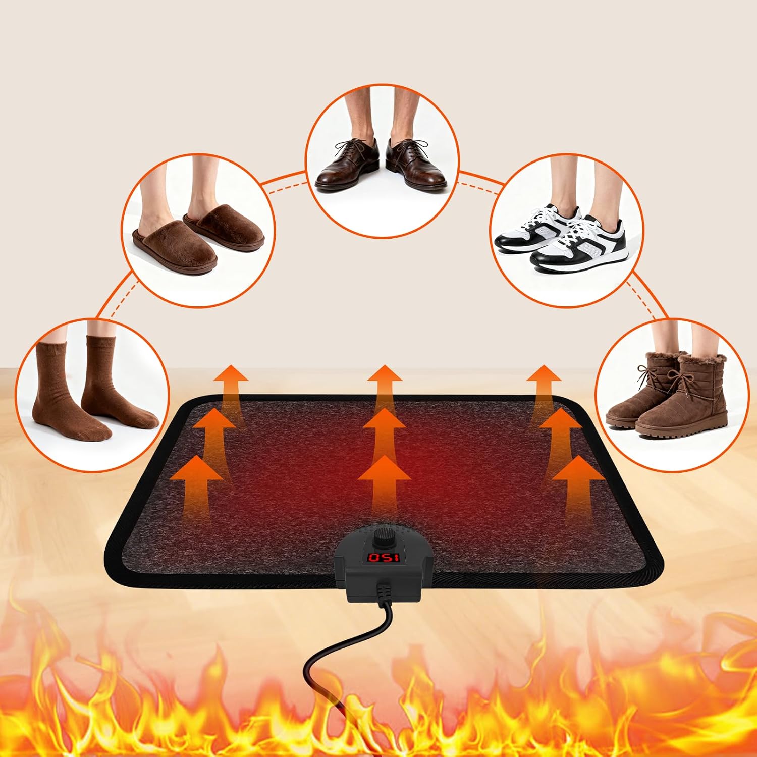 Heated Floor Mat Under Desk for Foot Warmer - Wider 110V Adjustable Temperature Electric Space Heaters Heating Pad - Carbon Crystal & Energy Saving Feet Warmers for Office,Home (Black Gray)