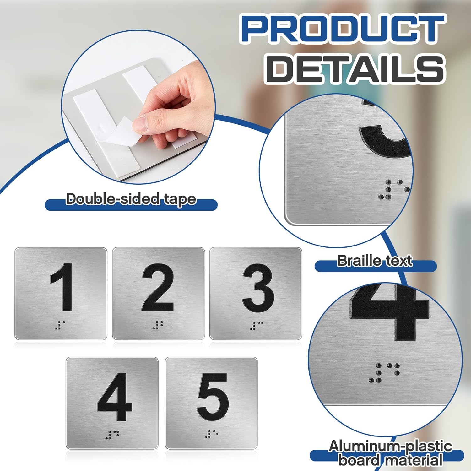 Exam Room Sign Numbers 1-5 with Braille and Tactile 4" x 4" Identification Signs Numbers for Exam Rooms Offices Educational Institution Directional Assistance Test Center, Silver/Black
