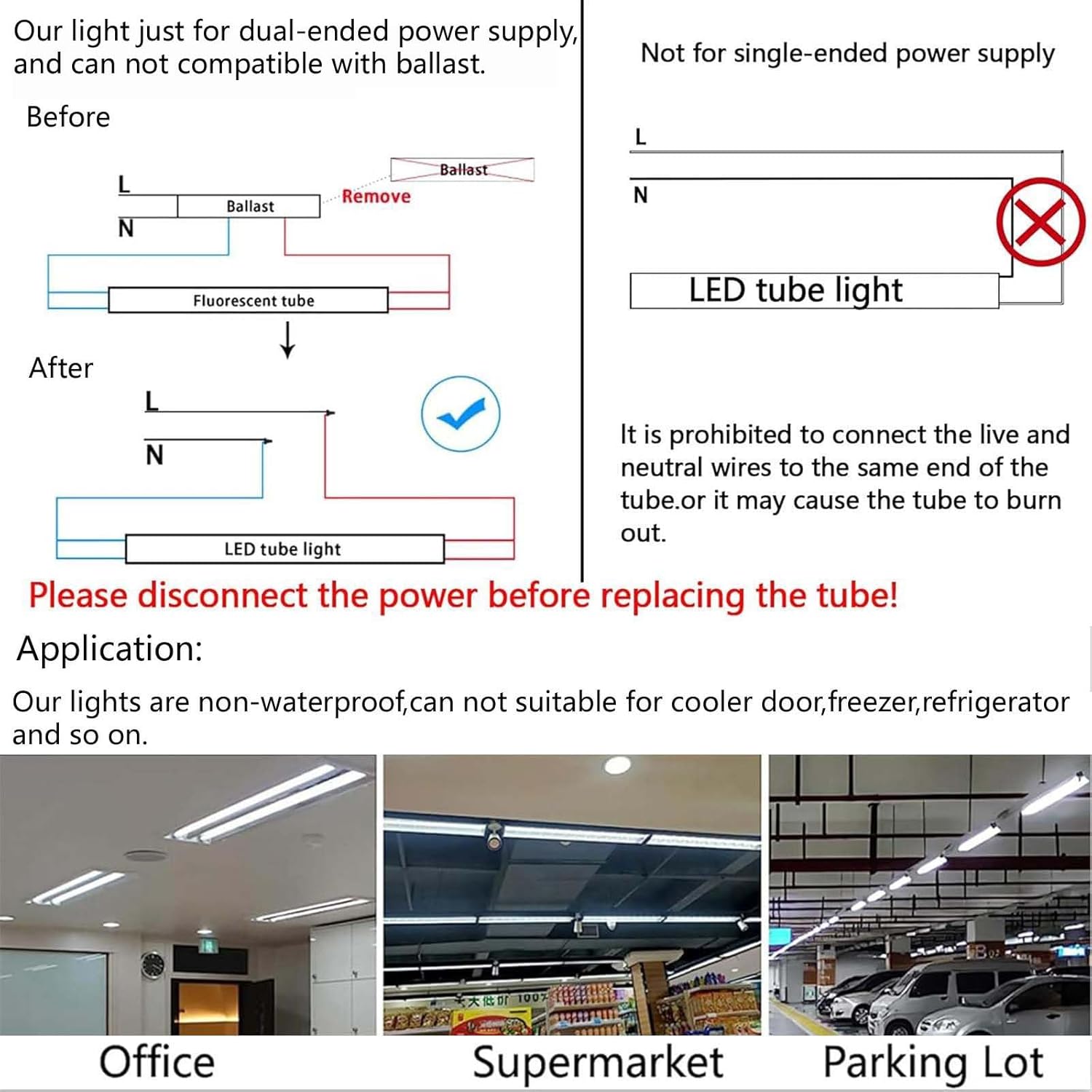 T8 5 Foot LED Tube Lights,45W 4500lm,White 6500K,G13 Bi-Pin Base,60 inches End to End,T12 Fluorescent Tubes Replacement,Ballast Bypass,Dual-Ended Power,Office,Shop,Pack of 10