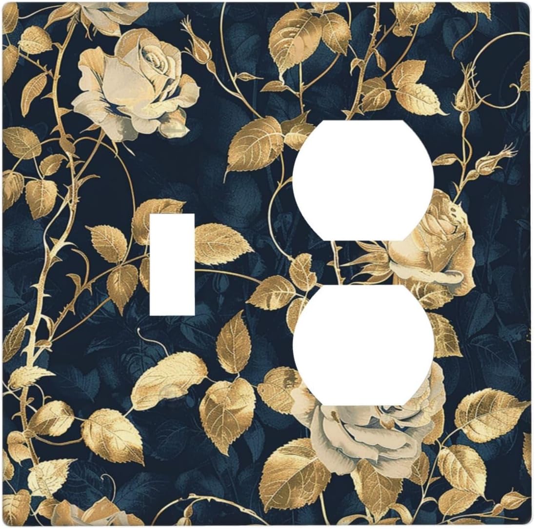 Wallplates Boho Vintage Floral Golden Flower Dark Blue Background 1 Toggle 1 Duplex Switch Plate Electrical GFCI Faceplate Decorative Light Switch Covers for Bedroom living Room Decor