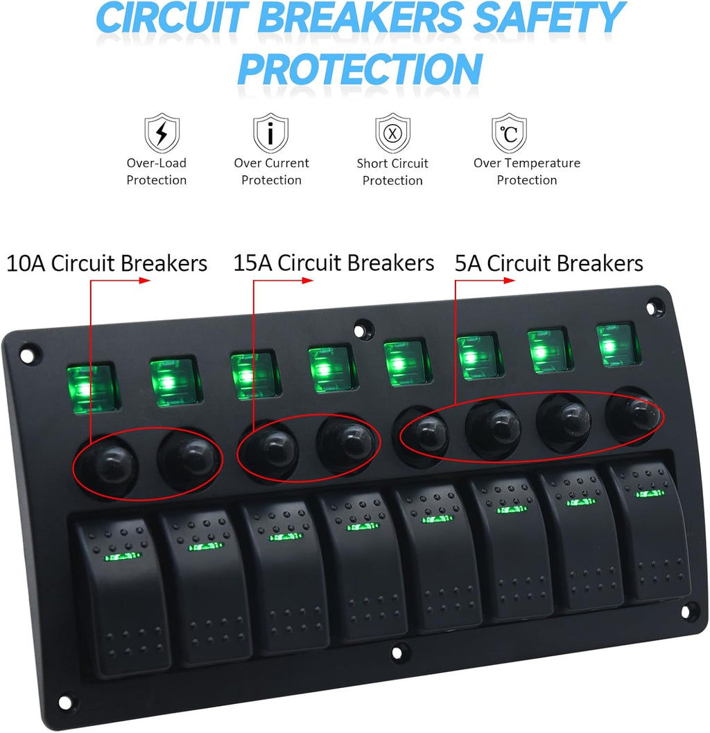 Geloo 8 Gang Marine Rocker Switch Panel, Boat Switch Panel Waterproof, Marine Switches Panel, 12V Aluminum Switch Panel for Car RV Truck Green LED Toggle Switches with Circuit Breaker (Green)