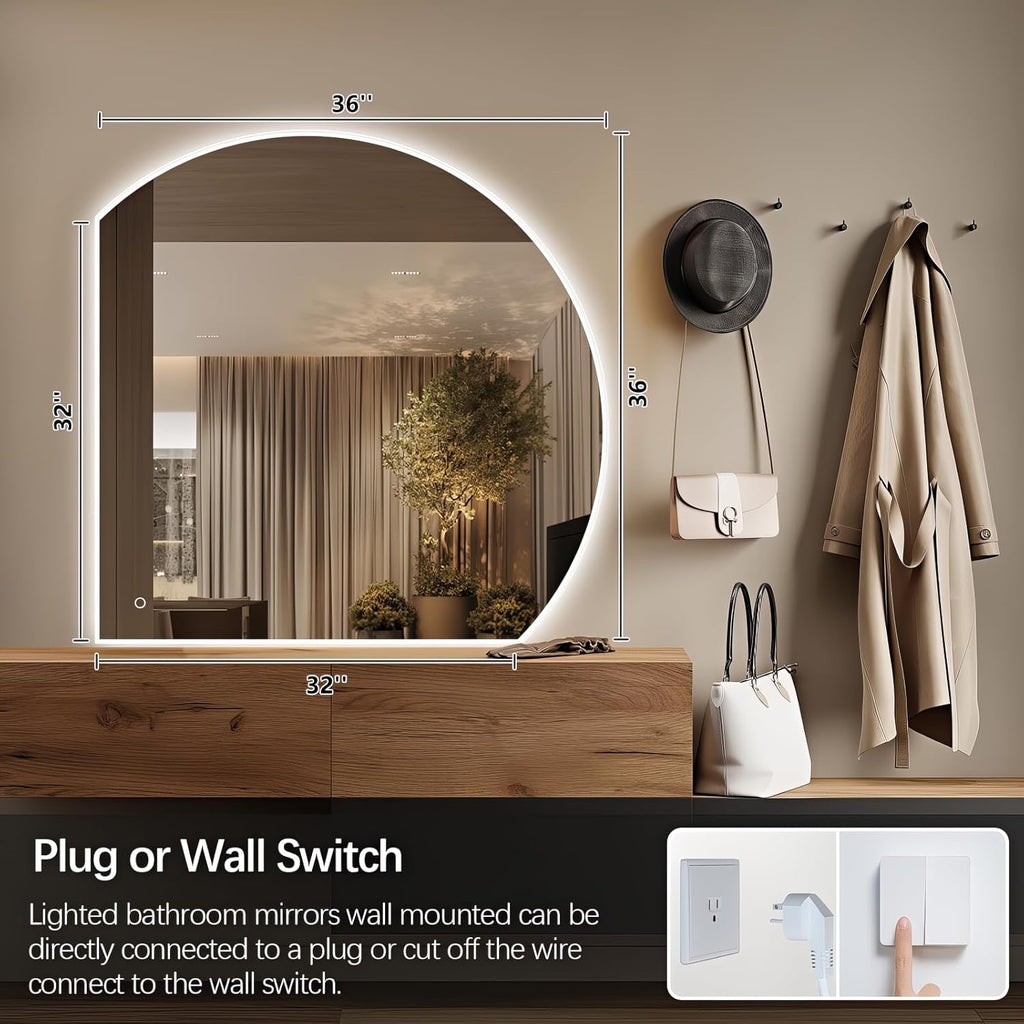 Niccy Half Moon LED Mirror for Bathroom, 28" Backlit + Front Lit Lighted Semi Round Makeup Mirrors for Wall, Anti-Fog, Dimmable 3-Colors, Memory Function, Shatterproof Smart Vanity Mirror