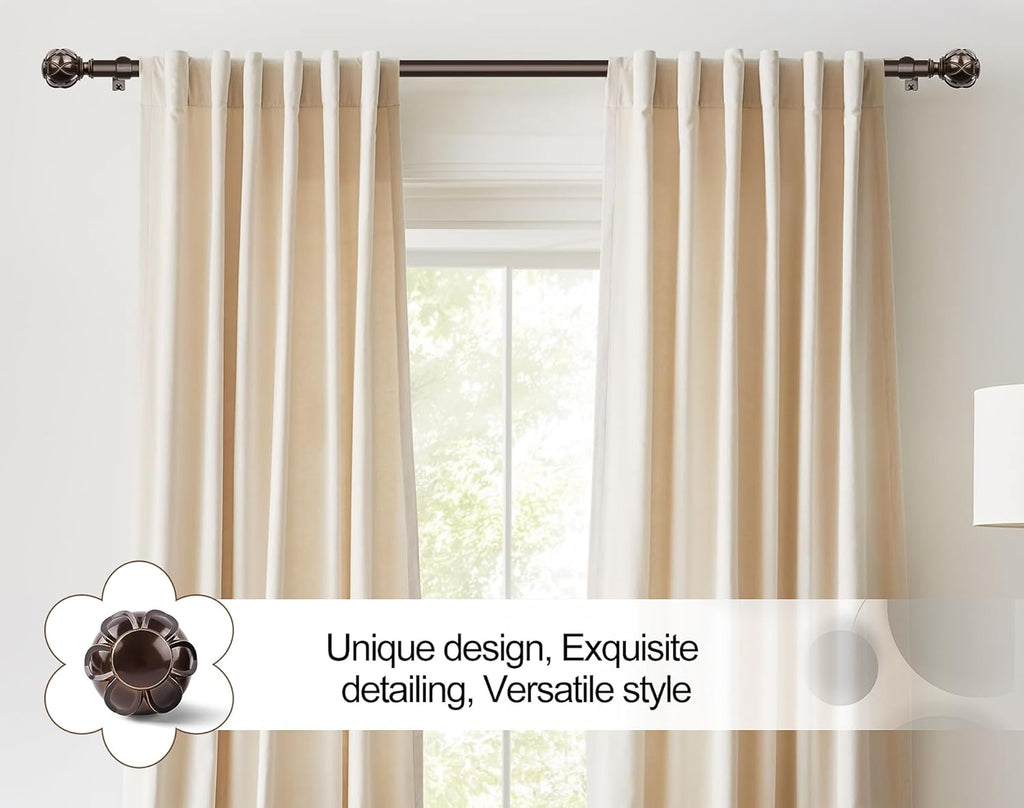 KAMANINA 1 Inch Curtain Rod Telescoping Single Drapery Rod 28 to 48 Inches (2.3-4 Feet), 2 Pack Antique Bronze Curtain Rods for Windows 16 to 44 Inches, Netted Texture Finials