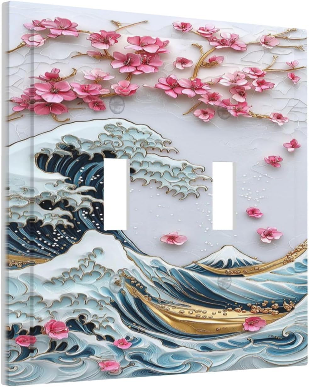 Decorative Switch Plates The Great Wave Off Kanagawa With Sakura 2 Gang Double Toggle Outlet Light Switch Cover Wall Plate Electrical Faceplate for Bedroom Bathroom Decor