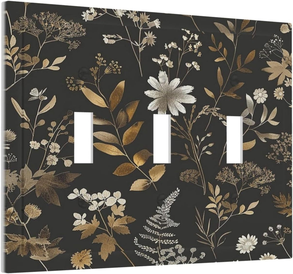 Decorative Switch Plates Black Gold Floral Dark Leaves Vintage Flowers 3 Gang Wall Plate Triple Toggle Light Switch Cover Faceplate Electrical Wall Panels for Bed Room Home Decor