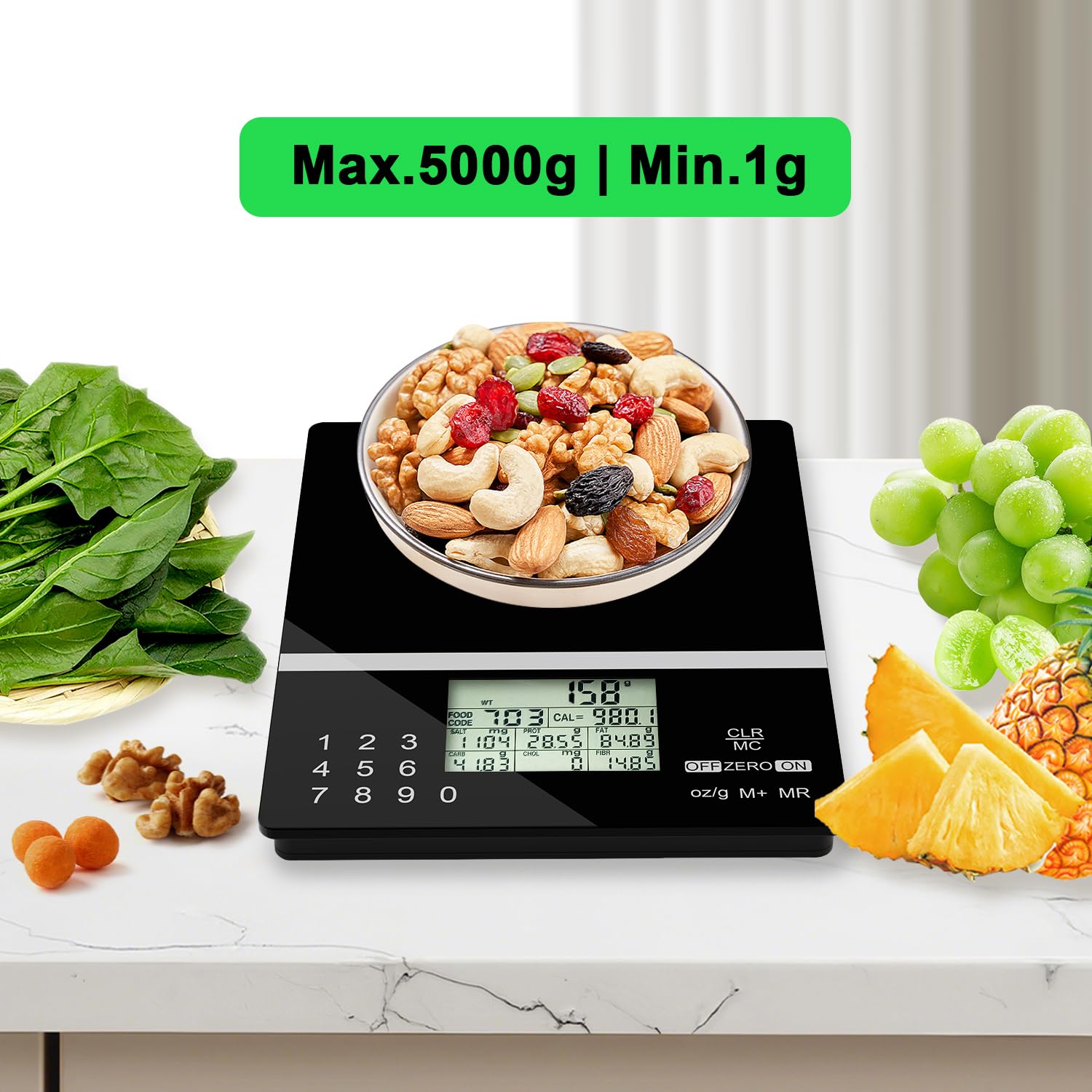 5000g Smart Nutrition Scale, Kitchen Scale with Food Code, Food Scale for Meal Prep, Portion Control, Baking, Weight Loss, 4 Units, Tare Function, Batteries Included